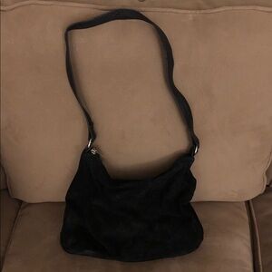 Faux Suede Black Shoulder Bag with Chain Details - Women's Carryall